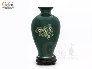 Lọ hoa men màu dáng chân thon họa tiết Công Đào vàng kim, nền xanh lục cao 30cm