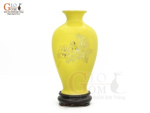 Lọ hoa men màu dáng chân thon họa tiết Công Đào vàng kim, nền vàng cao 35cm