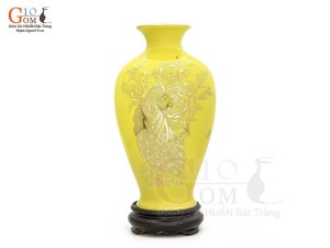 Lọ hoa men màu dáng chân thon họa tiết Công Đào vàng kim, nền vàng cao 35cm