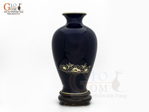 Lọ hoa men màu dáng chân thon họa tiết Sen Hạc Phú Quý vàng kim, nền xanh coban cao 35cm