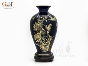 Lọ hoa men màu dáng chân thon họa tiết Sen Hạc Phú Quý vàng kim, nền xanh coban cao 35cm