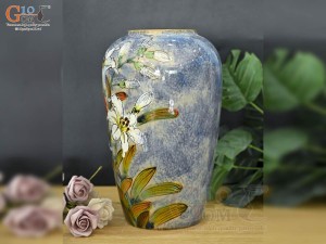 Lọ hoa men màu dáng chân thon vẽ hoa Bách Hợp, cao 30cm