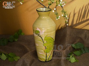 Lọ hoa men màu dáng cổ thắt chân thon vẽ hoa Sen hồng, cao 28cm
