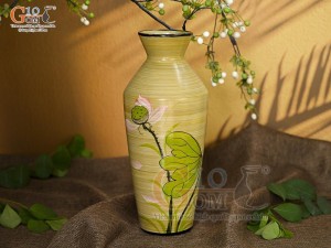 Lọ hoa men màu dáng cổ thắt chân thon vẽ hoa Sen hồng, cao 28cm