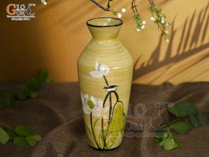 Lọ hoa men màu dáng cổ thắt chân thon vẽ hoa Sen trắng, cao 28cm