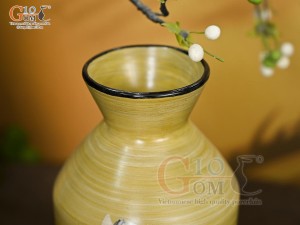 Lọ hoa men màu dáng cổ thắt chân thon vẽ hoa Sen trắng, cao 28cm