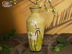 Lọ hoa men màu dáng cổ thắt chân thon vẽ hoa Sen trắng, cao 28cm