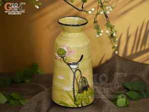 Lọ hoa men màu dáng cổ thắt vẽ hoa Sen hồng, cao 28cm