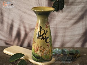 Lọ hoa men màu dáng miệng loe chữ Phúc vẽ hoa Sen, cao 29,5cm