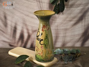 Lọ hoa men màu dáng miệng loe chữ Phúc vẽ hoa Sen, cao 29,5cm