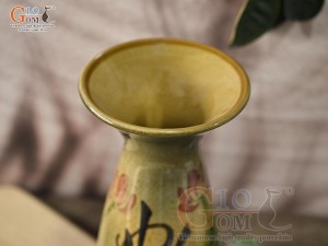Lọ hoa men màu dáng miệng loe chữ Phúc vẽ hoa Sen, cao 29,5cm