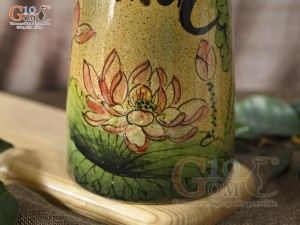 Lọ hoa men màu dáng miệng loe chữ Phúc vẽ hoa Sen, cao 29,5cm