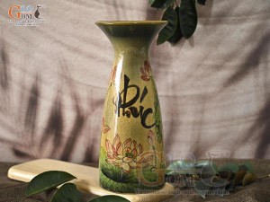 Lọ hoa men màu dáng miệng loe chữ Phúc vẽ hoa Sen, cao 29,5cm