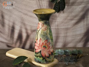 Lọ hoa men màu dáng miệng loe vẽ hoa Sen, cao 29,5cm