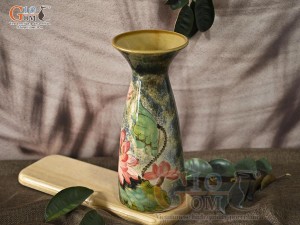 Lọ hoa men màu dáng miệng loe vẽ hoa Sen, cao 29,5cm