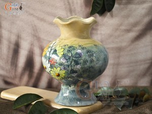 Lọ hoa men màu dáng miệng lượn vẽ hoa Cúc, cao 26cm