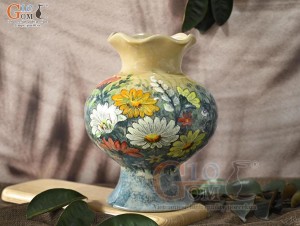 Lọ hoa men màu dáng miệng lượn vẽ hoa Cúc, cao 26cm