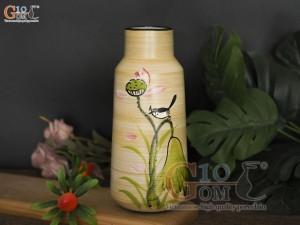 Lọ hoa men màu dáng miệng thon vẽ hoa Sen đỏ, cao 20cm