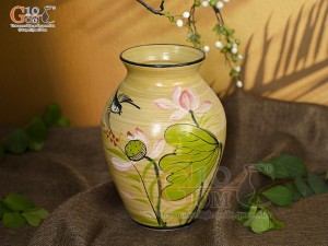 Lọ hoa men màu dáng vò cao vẽ hoa Sen hồng, cao 24cm