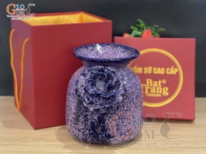 Lọ hoa men màu tím đắp nổi hoa phù dung