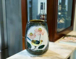 Lọ hoa men màu xanh vẽ chim hoa cao 19cm