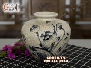 Lọ hoa men rạn dáng cổ nhỏ, họa tiết sen 22cm