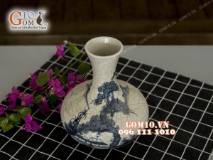 Lọ hoa men rạn dáng tỏi dẹt họa tiết sơn thủy 24cm