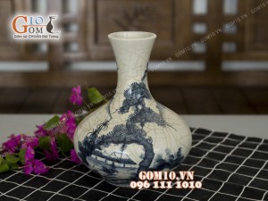 Lọ hoa men rạn dáng tỏi dẹt họa tiết sơn thủy 29cm