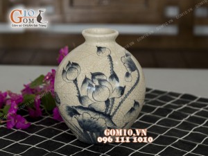 Lọ hoa men rạn dáng trứng, họa tiết hoa sen 23cm
