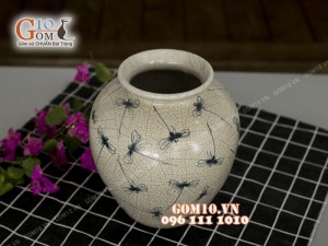 Lọ hoa men rạn dáng vò, họa tiết chuồn chuồn 21cm