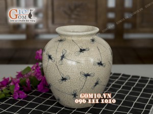 Lọ hoa men rạn dáng vò, họa tiết chuồn chuồn 21cm
