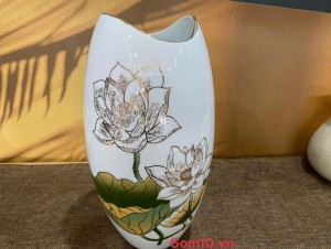 Lọ hoa men trắng vẽ Sen màu vàng kim, cao 28cm