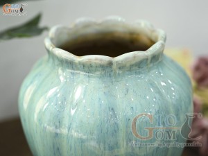 Lọ hoa miệng lượn sóng men hỏa biến bạch ngọc, cao 20cm