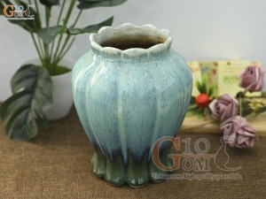 Lọ hoa miệng lượn sóng men hỏa biến bạch ngọc, cao 20cm