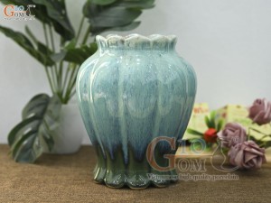 Lọ hoa miệng lượn sóng men hỏa biến bạch ngọc, cao 20cm