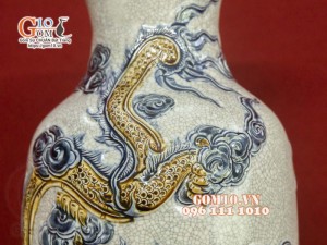 Đôi lộc bình men rạn đắp nổi Rồng Như Ý, 60cm