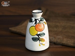 Lọ hoa mini men kem dáng cổ thắt vẽ cành hồng, cao 13,5cm
