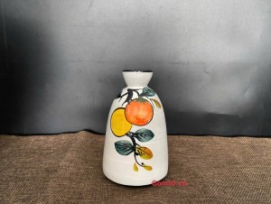 Lọ hoa mini men kem dáng cổ thắt vẽ cành hồng, cao 13,5cm