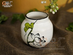Lọ hoa mini men kem dáng cốc vẽ hoa Sen xanh, cao 9,5cm