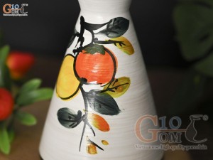 Lọ hoa mini men kem dáng đồng hồ cát vẽ cành hồng, cao 13,5cm