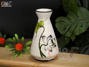 Lọ hoa mini men kem dáng phễu vẽ hoa Sen xanh, cao 14cm
