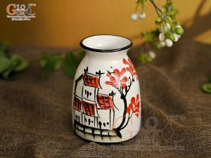 Lọ hoa mini men kem dáng thấp vẽ Phố Cổ, cao 12cm