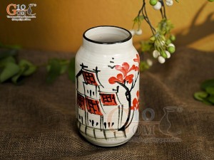 Lọ hoa mini men kem dáng trụ vẽ Phố Cổ, cao 13,5cm