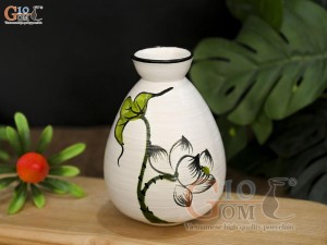 Lọ hoa mini men kem dáng trứng vẽ hoa Sen xanh, cao 11cm
