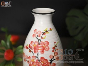 Lọ hoa mini men kem giả vuốt vẽ hoa Đào đỏ, cao 13cm