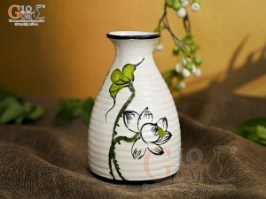 Lọ hoa mini men kem giả vuốt vẽ hoa Sen xanh, cao 13cm