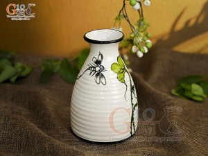 Lọ hoa mini men kem giả vuốt vẽ hoa Sen xanh, cao 13cm