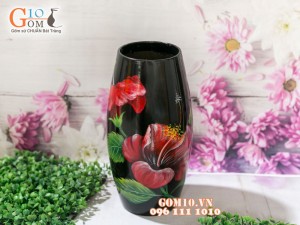 Lọ hoa sơn mài 3D dáng bom vẽ hoa dâm bụt 30cm