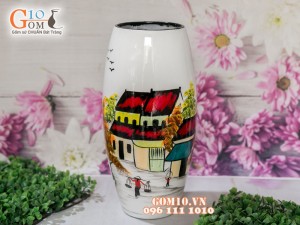 Lọ hoa sơn mài 3D dáng bom vẽ phố cổ 27cm