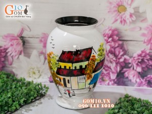 Lọ hoa sơn mài 3D dáng chân thon vẽ phố cổ 27cm